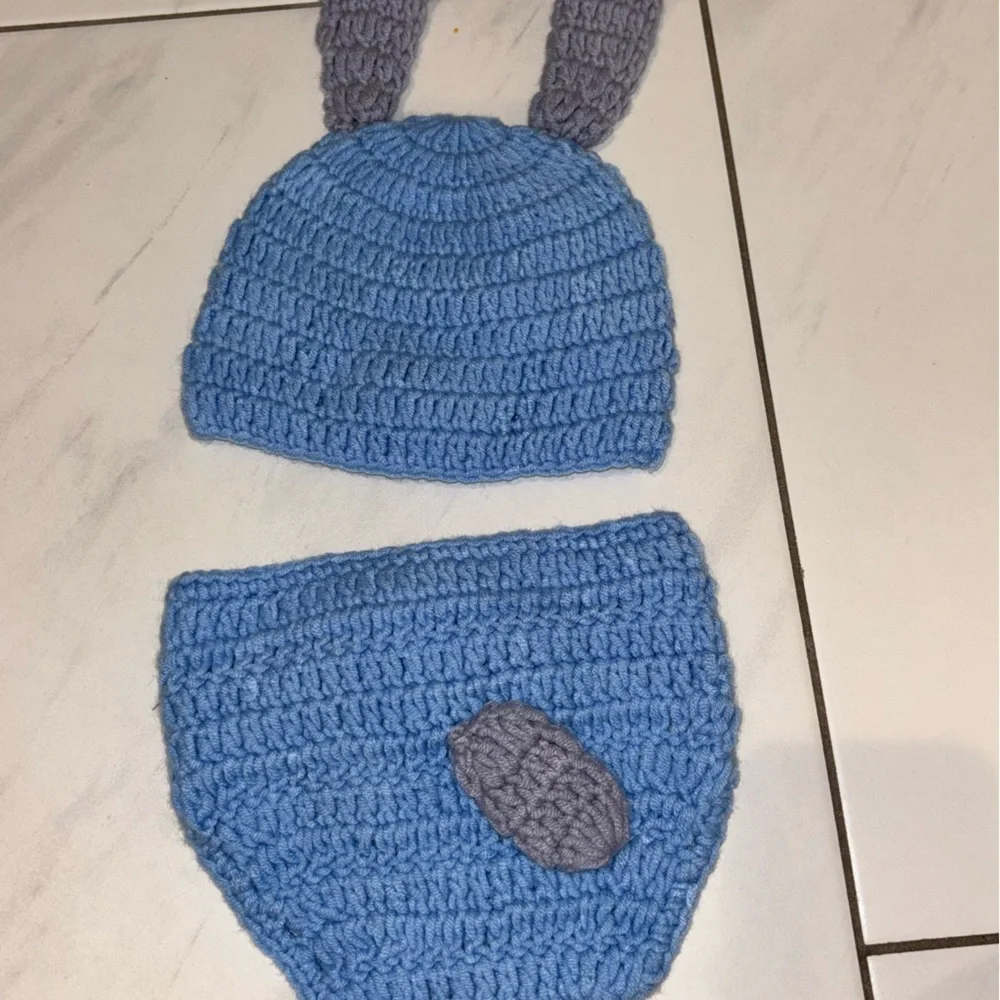 Blue Knitted Kids Hat and Diaper Cover Set